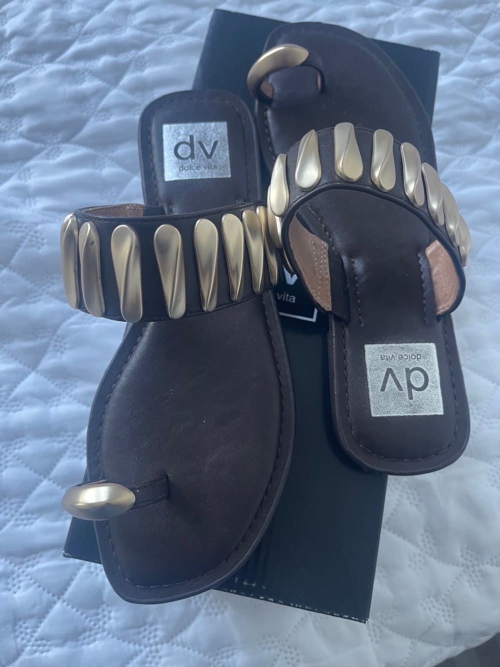 DV by Dolce Vita Dark Brown Leather Slide Sandals with Gold Teardrop Accents